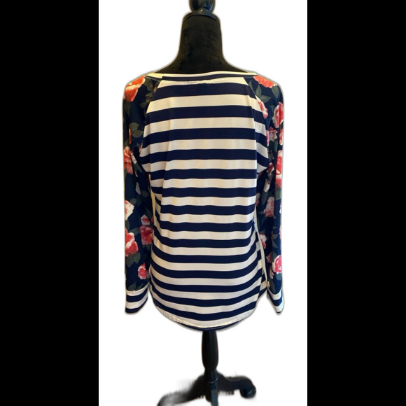 Fashion Blouse Size ? Medium Wide Navy & White Stripes Floral Sleeves Unique Top - Picture 4 of 9